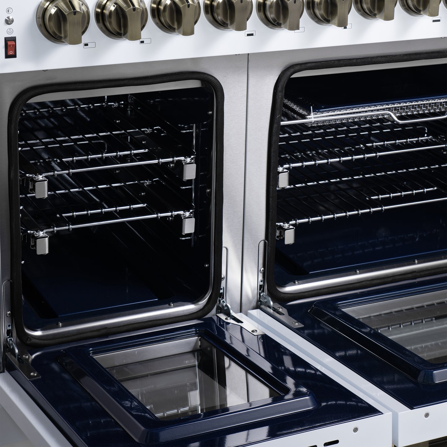 Massimo 48 Inch Dual Fuel Range in White with Air Fryer Basket, True Convection Oven, Matte Cast Iron Grates, and Antique Brass Handles