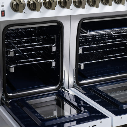 Massimo 48 Inch Dual Fuel Range in White with Air Fryer Basket, True Convection Oven, Matte Cast Iron Grates, and Antique Brass Handles