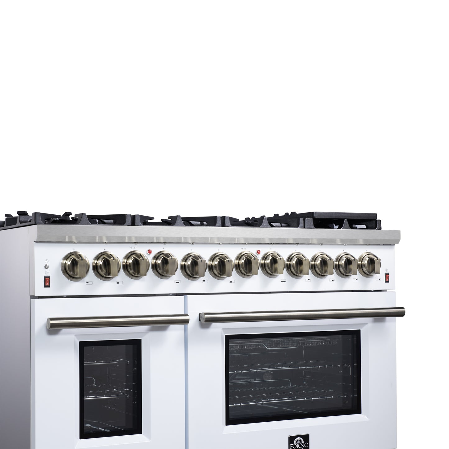 Massimo 48 Inch Dual Fuel Range in White with Air Fryer Basket, True Convection Oven, Matte Cast Iron Grates, and Antique Brass Handles
