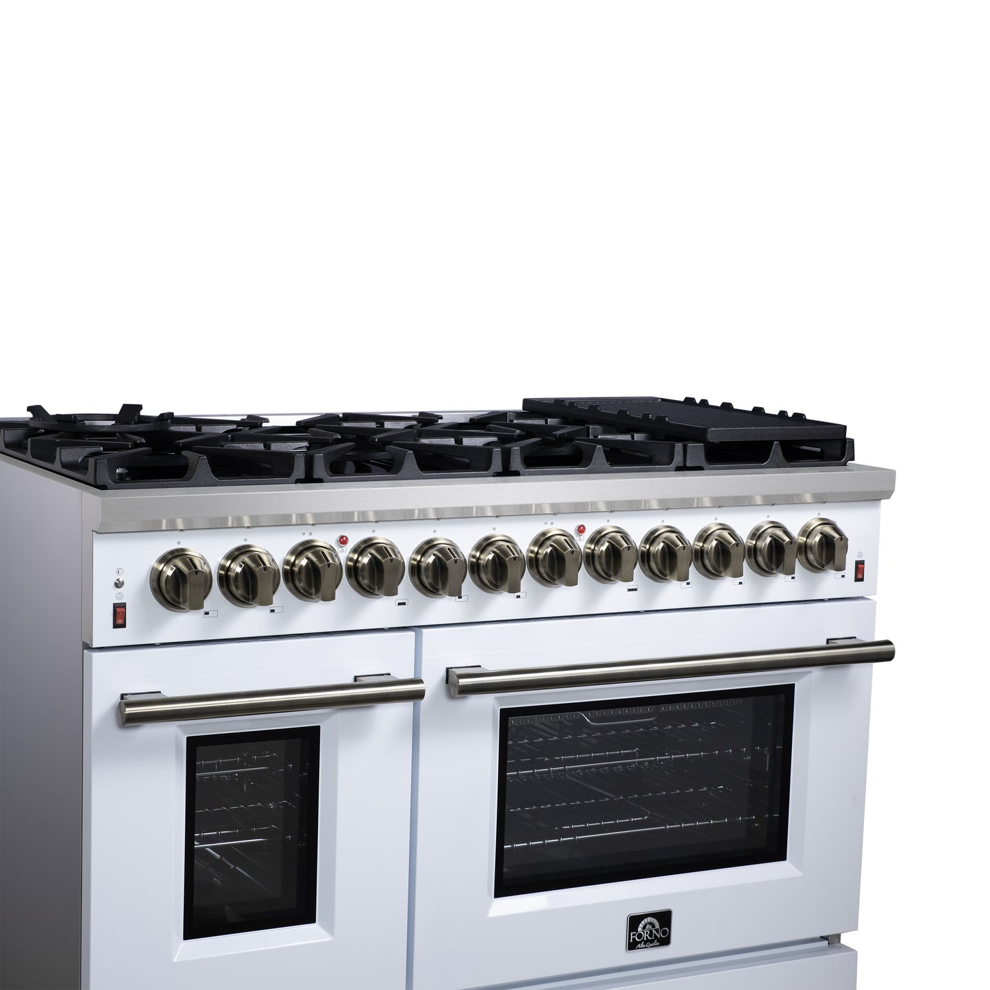 Massimo 48 Inch Dual Fuel Range in White with Air Fryer Basket, True Convection Oven, Matte Cast Iron Grates, and Antique Brass Handles