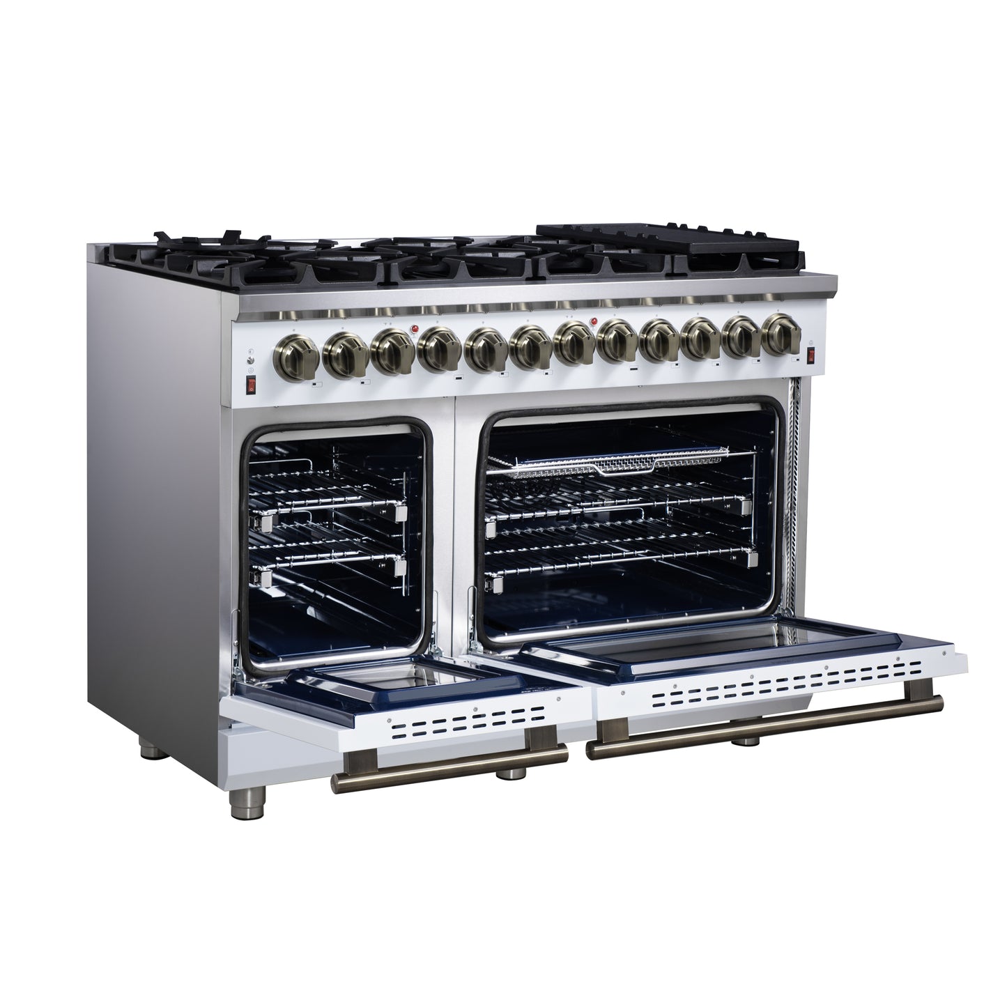 Massimo 48 Inch Dual Fuel Range in White with Air Fryer Basket, True Convection Oven, Matte Cast Iron Grates, and Antique Brass Handles