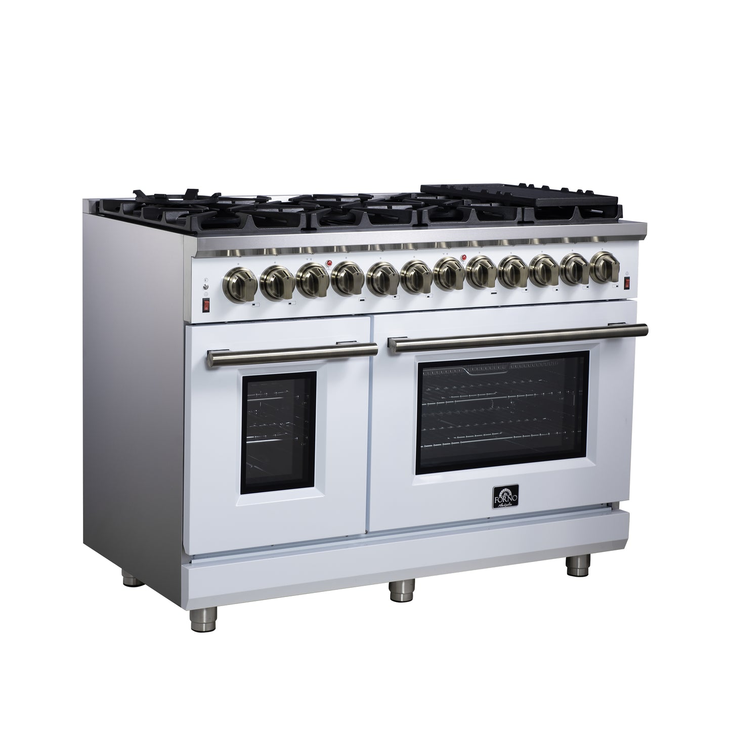 Massimo 48 Inch Dual Fuel Range in White with Air Fryer Basket, True Convection Oven, Matte Cast Iron Grates, and Antique Brass Handles