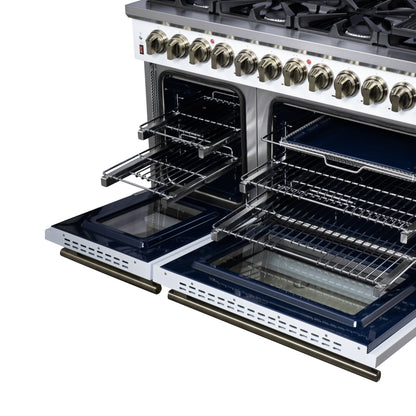 Massimo 48 Inch Dual Fuel Range in White with Air Fryer Basket, True Convection Oven, Matte Cast Iron Grates, and Antique Brass Handles
