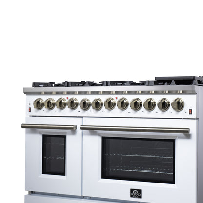 Massimo 48 Inch Dual Fuel Range in White with Air Fryer Basket, True Convection Oven, Matte Cast Iron Grates, and Antique Brass Handles
