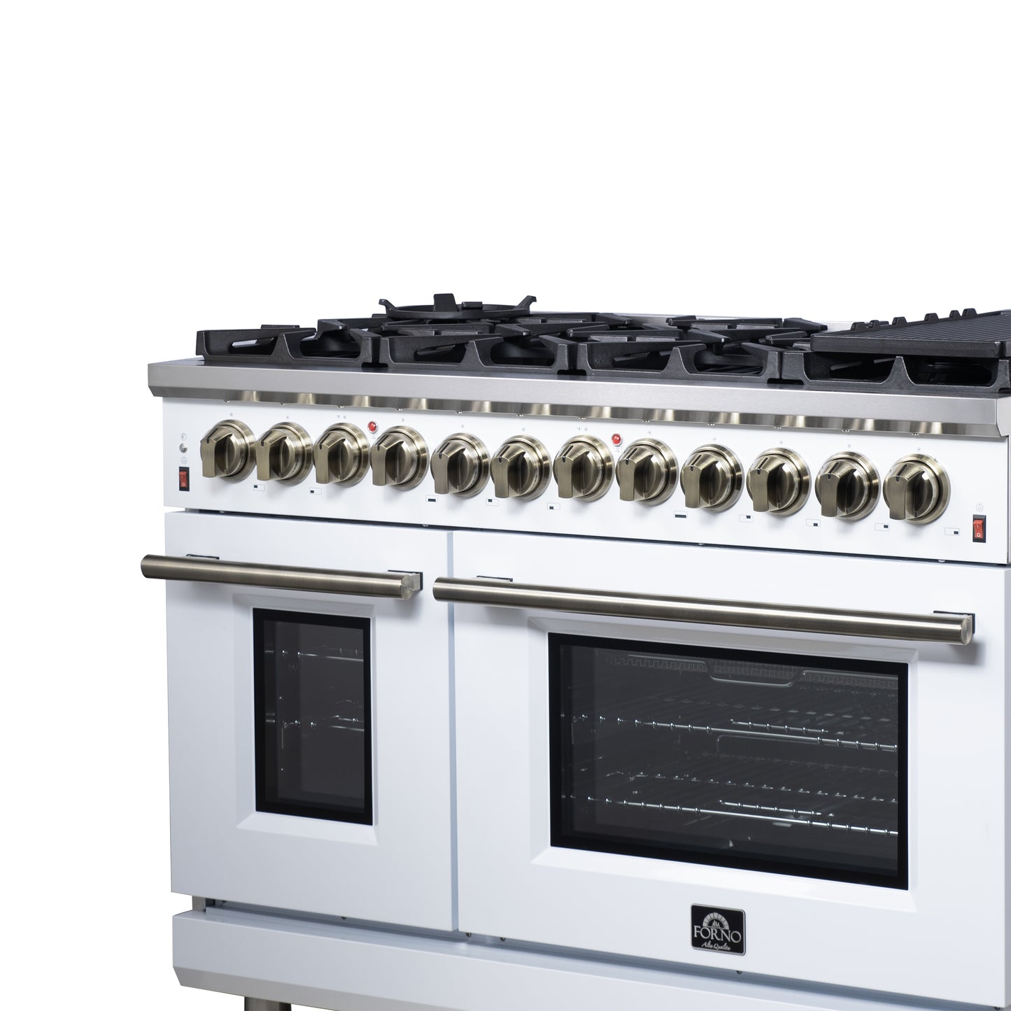 Massimo 48 Inch Dual Fuel Range in White with Air Fryer Basket, True Convection Oven, Matte Cast Iron Grates, and Antique Brass Handles
