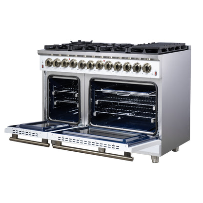 Massimo 48 Inch Dual Fuel Range in White with Air Fryer Basket, True Convection Oven, Matte Cast Iron Grates, and Antique Brass Handles