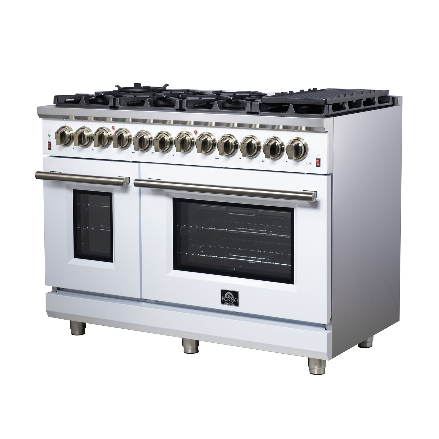 Massimo 48 Inch Dual Fuel Range in White with Air Fryer Basket, True Convection Oven, Matte Cast Iron Grates, and Antique Brass Handles