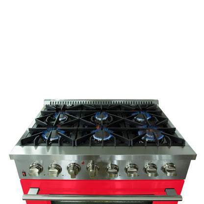 Forno Galiano 36-Inch Freestanding Dual Fuel Range, 6 Burners, Double Convection Ovens, Red Door