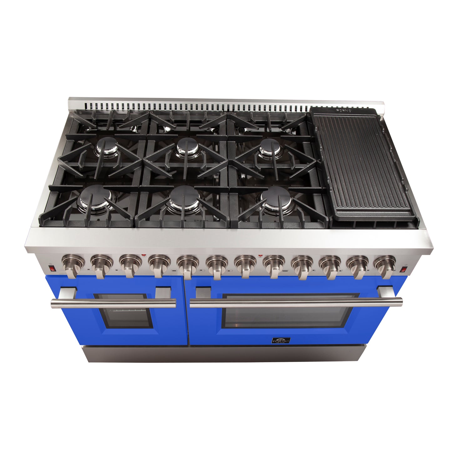 Forno Galiano 48-Inch Freestanding Dual Fuel Range, 8 Burners, Double Convection Ovens, Blue Doors