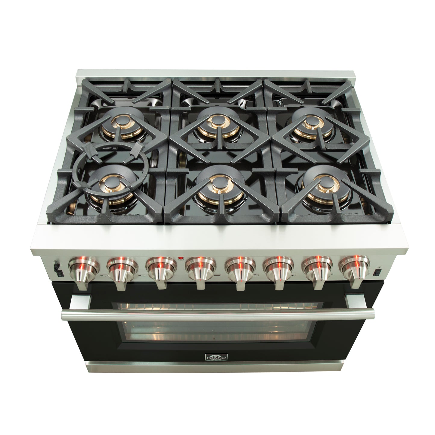 Forno Capriasca 36-Inch Freestanding Dual Fuel Range, 6 Burners, True Convection Oven, Black Door