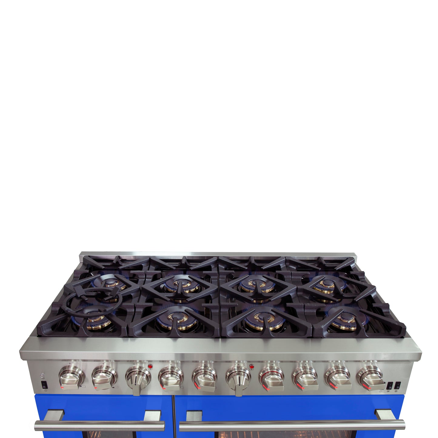 Forno Capriasca 48-Inch Freestanding Dual Fuel Range, 8 Burners, True Convection Oven, Blue Doors