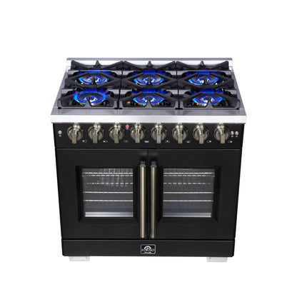 Forno Capriasca 36 Inch Freestanding French Door Dual Fuel Range in Black with Antique Brass Accessories, 6 Burners, True Convection Oven