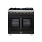 Forno Capriasca 36 Inch Freestanding French Door Dual Fuel Range in Black with Antique Brass Accessories, 6 Burners, True Convection Oven