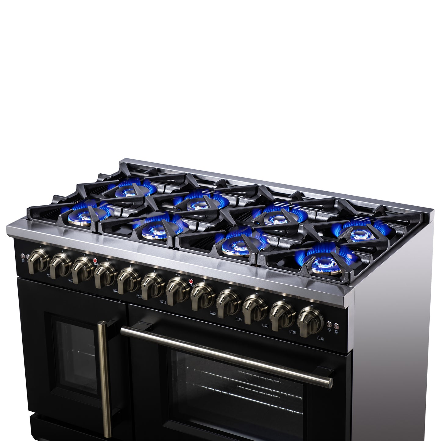 Forno Capriasca 48 Inch Freestanding French Door Dual Fuel Range in Black with Antique Brass Accessories, 8 Burners, True Convection Oven