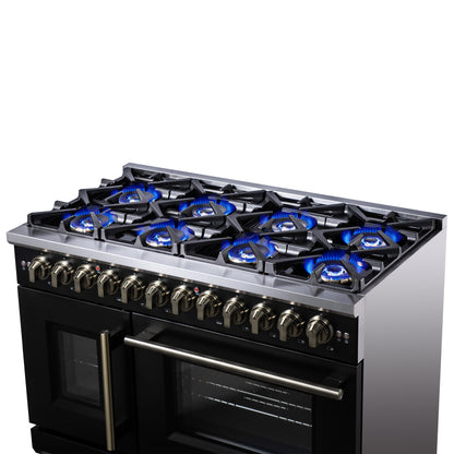 Forno Capriasca 48 Inch Freestanding French Door Dual Fuel Range in Black with Antique Brass Accessories, 8 Burners, True Convection Oven