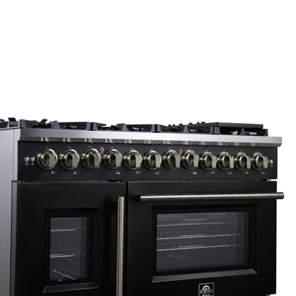 Forno Capriasca 48 Inch Freestanding French Door Dual Fuel Range in Black with Antique Brass Accessories, 8 Burners, True Convection Oven