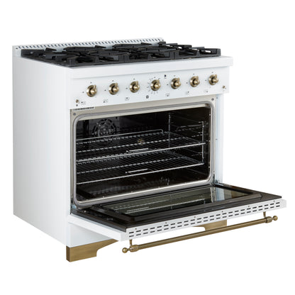 Forno Antico 36-inch Dual Fuel Range White and Antique Brass Design with 6 Sealed Gas Burners and Electric Convection Oven