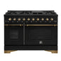 Forno Antico 48-Inch Dual Fuel Range, Black with Antique Brass Finish, 8 Burners, 94,000 BTU, 5.5 cu.ft. Double Ovens & Griddle