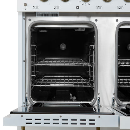 Forno Antico 48-Inch Dual Fuel Range, White with Antique Brass Finish, 8 Burners, 94,000 BTU, 5.5 cu.ft. Double Ovens & Griddle