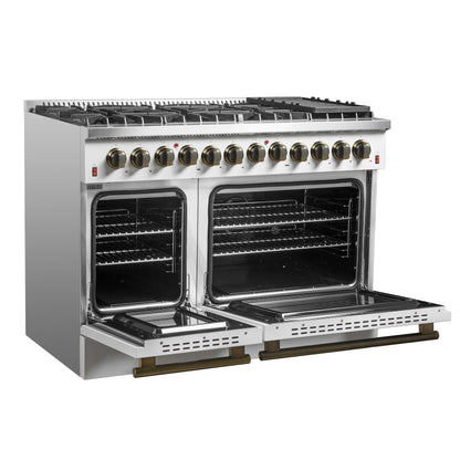 Galiano 48-inch Dual Fuel Range White & Antique Brass Design with 8 Sealed Burners 107,000 BTU, 6.58 cu. ft. double ovens & Griddle