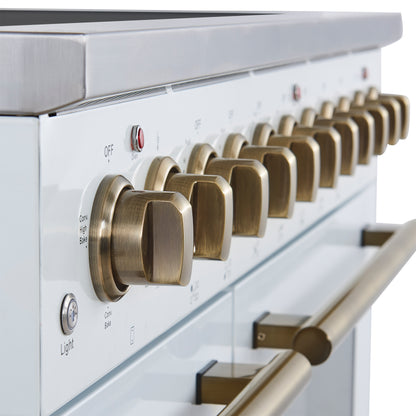 Forno Paolo 48 Inch Freestanding Electric Range in White with Antique Brass, 6.7 cu.ft, True Convection Oven, Energy Efficient