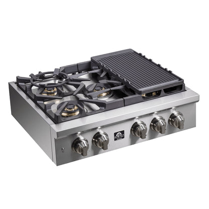 Forno Spezia Alta Qualita 30-Inch Pro-Style Gas Rangetop, Stainless Steel, 5 Sealed Burners, Continuous Cast Iron Grates, High Heat Output