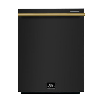 FORNO Premium 4-Piece Kitchen Bundle - Leonardo Espresso 30" Black Range, 30" Black Range Hood, 31" Black Bottom Freezer Refrigerator, 24" Black Built-In Dishwasher - FBDL-006-02CA
