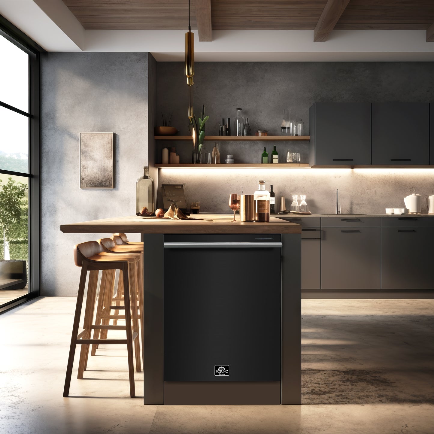 FORNO Premium 4-Piece Kitchen Bundle - Leonardo Espresso 30" Black Range, 30" Black Range Hood, 31" Black Bottom Freezer Refrigerator, 24" Black Built-In Dishwasher - FBDL-006-02CA