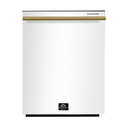 FORNO Premium 4-Piece Kitchen Bundle - Leonardo Espresso 30" White Range, 30" White Range Hood, 31" White Bottom Freezer Refrigerator, 24" White Built-In Dishwasher - FBDL-006-03US