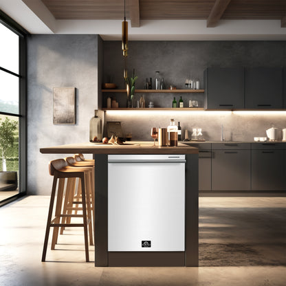 FORNO Premium 3-Piece Kitchen Bundle - Leonardo Espresso 30" White Range, 31" White Bottom Freezer Refrigerator, 24" White Built-In Dishwasher - FBDL-007-03US