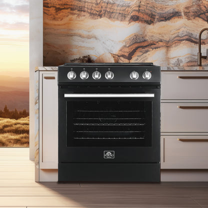 FORNO Premium 3-Piece Kitchen Bundle - Leonardo Espresso 30" Black Range, 30" Black Range Hood, 31" Black Refrigerator - FBDL-001-02CA