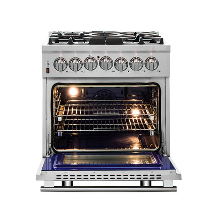 Massimo 30-inch Dual Fuel Range All Stainless Steel with 5 Sealed Burners 68,000BTU, Wok Support & Griddle, 4.32 cu.ft. True Convection Oven With Air Fryer