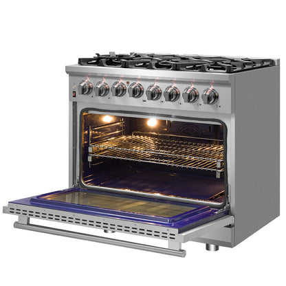 Massimo 36-inch Dual Fuel Range All Stainless Steel with 6 Sealed Burners 83,000 BTU,Wok Support & Griddle, 5.36 cu.ft. True Convection Oven with Air Fryer