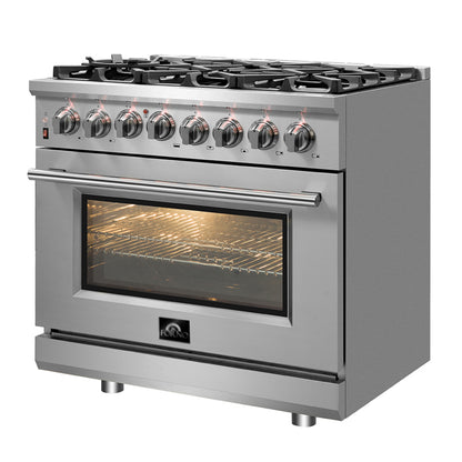 Massimo 36-inch Dual Fuel Range All Stainless Steel with 6 Sealed Burners 83,000 BTU,Wok Support & Griddle, 5.36 cu.ft. True Convection Oven with Air Fryer