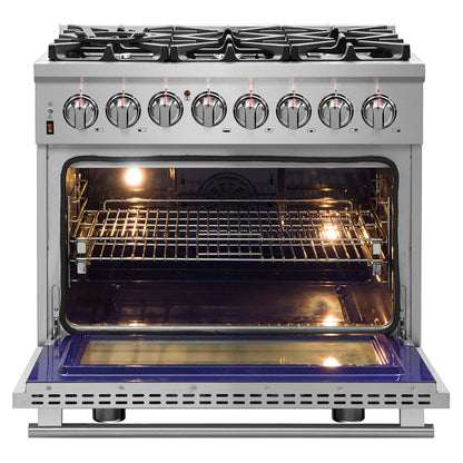 Massimo 36-inch Dual Fuel Range All Stainless Steel with 6 Sealed Burners 83,000 BTU,Wok Support & Griddle, 5.36 cu.ft. True Convection Oven with Air Fryer