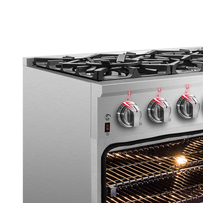 Massimo 36-inch Dual Fuel Range All Stainless Steel with 6 Sealed Burners 83,000 BTU,Wok Support & Griddle, 5.36 cu.ft. True Convection Oven with Air Fryer