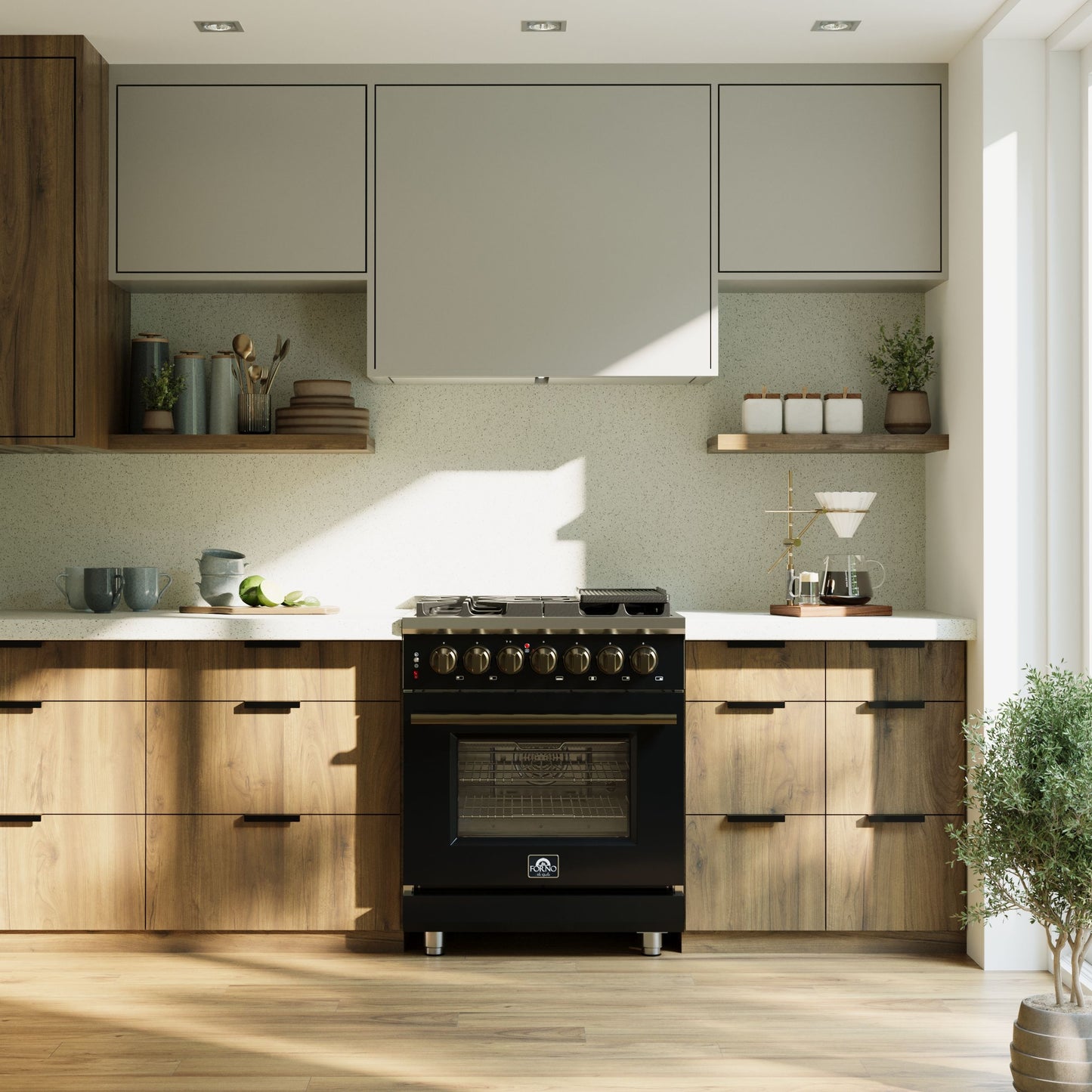Massimo 30 Inch Dual Fuel Range in Black with Air Fryer Basket, True Convection Oven, Matte Cast Iron Grates, and Antique Brass Handles