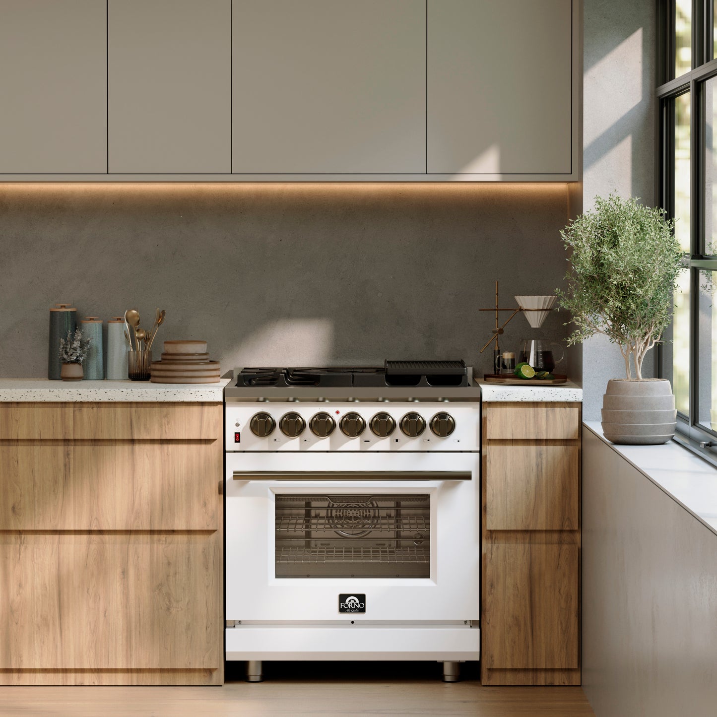 Massimo 30 Inch Dual Fuel Range in White with Air Fryer Basket, True Convection Oven, Matte Cast Iron Grates, and Antique Brass Handles