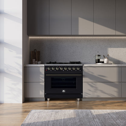 Massimo 36 Inch Dual Fuel Range in Black with Air Fryer Basket, True Convection Oven, Matte Cast Iron Grates, and Antique Brass Handles