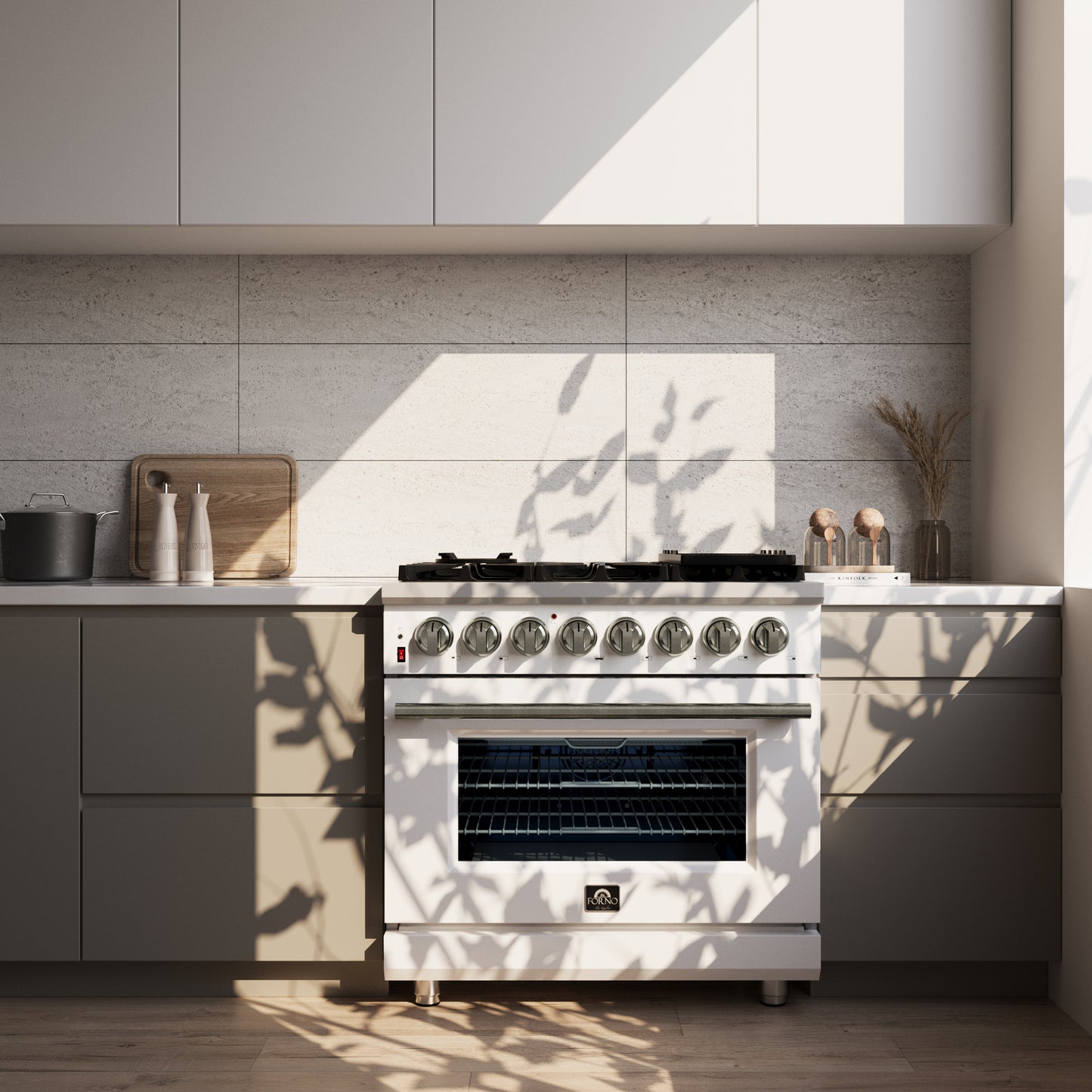 Massimo 36 Inch Dual Fuel Range in White with Air Fryer Basket, True Convection Oven, Matte Cast Iron Grates, and Antique Brass Handles