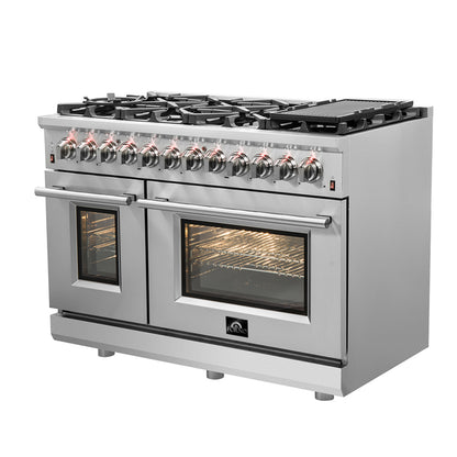 Massimo 48-inch Dual Fuel Range All Stainless Steel with 8 Sealed Burners 107,000BTU , Wok Support & Two Griddles, 6.58 cu.ft. Double Ovens with Air Fryer
