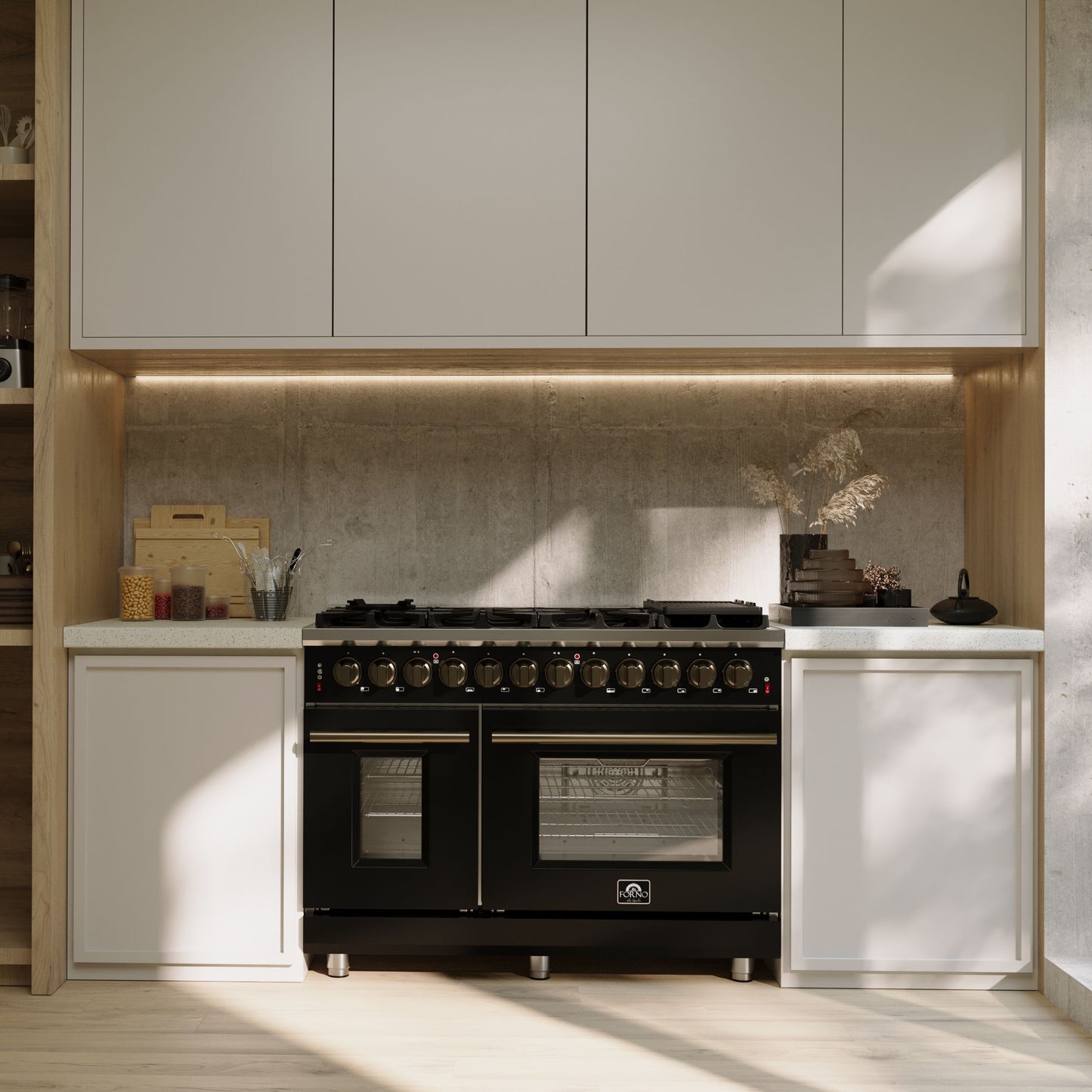Massimo 48 Inch Dual Fuel Range in Black with Air Fryer Basket, True Convection Oven, Matte Cast Iron Grates, and Antique Brass Handles