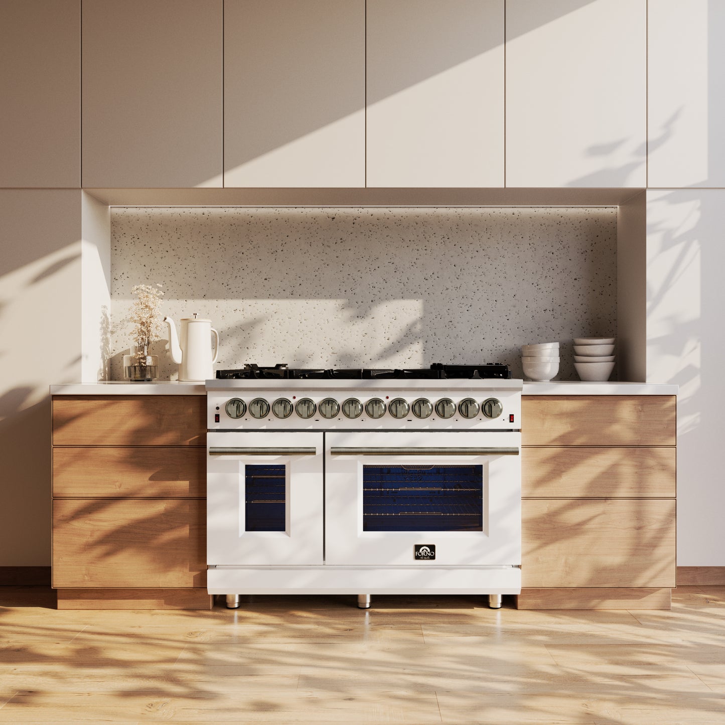 Massimo 48 Inch Dual Fuel Range in White with Air Fryer Basket, True Convection Oven, Matte Cast Iron Grates, and Antique Brass Handles