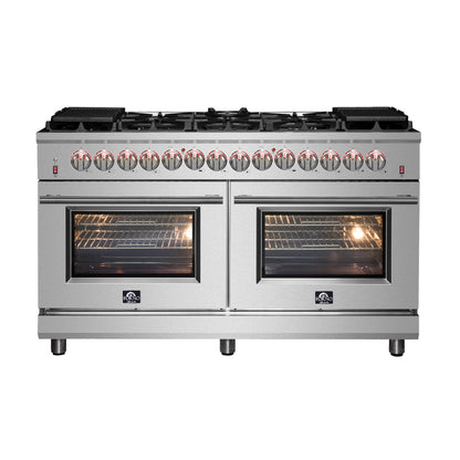 Massimo 60-inch Dual Fuel Range All Stainless Steel with 8 Sealed Burners 142,000BTU , Wok Support & Two Griddles, 8.64 cu.ft. True Convection Double Ovens with  Air Fryer