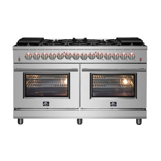 Massimo 60-inch Dual Fuel Range All Stainless Steel with 8 Sealed Burners 142,000BTU , Wok Support & Two Griddles, 8.64 cu.ft. True Convection Double Ovens with  Air Fryer