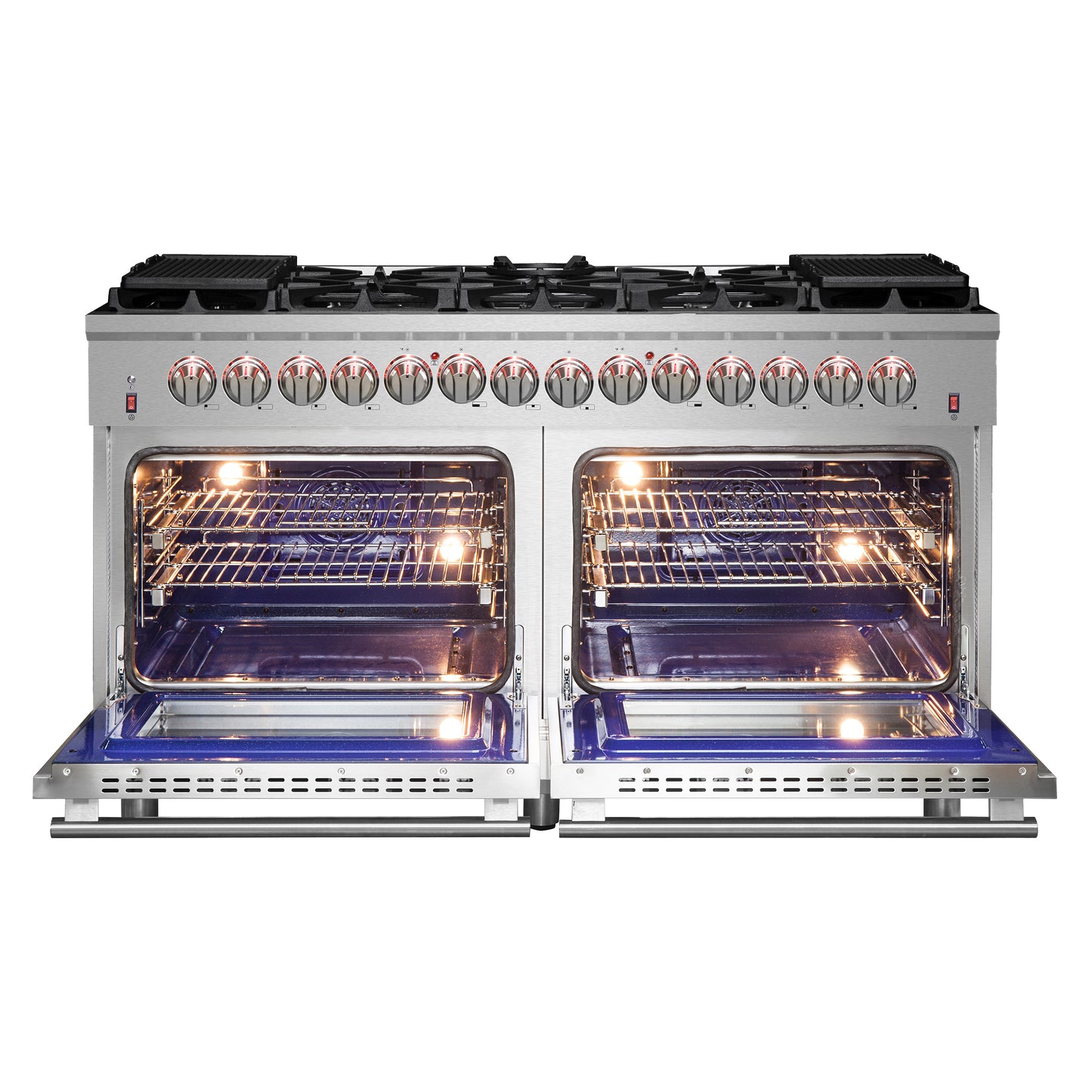 Massimo 60-inch Dual Fuel Range All Stainless Steel with 8 Sealed Burners 142,000BTU , Wok Support & Two Griddles, 8.64 cu.ft. True Convection Double Ovens with  Air Fryer