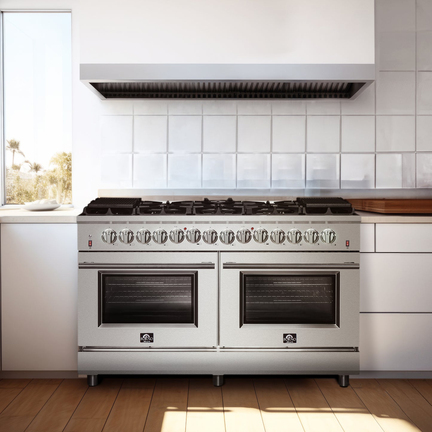Massimo 60-inch Dual Fuel Range All Stainless Steel with 8 Sealed Burners 142,000BTU , Wok Support & Two Griddles, 8.64 cu.ft. True Convection Double Ovens with  Air Fryer
