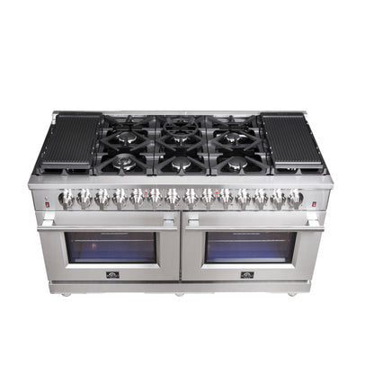Massimo 60-inch Dual Fuel Range All Stainless Steel with 8 Sealed Burners 142,000BTU , Wok Support & Two Griddles, 8.64 cu.ft. True Convection Double Ovens with  Air Fryer