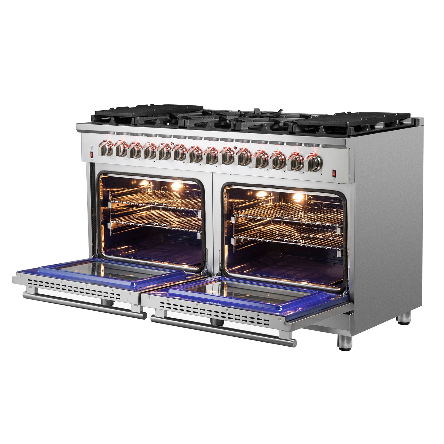 Massimo 60-inch Dual Fuel Range All Stainless Steel with 8 Sealed Burners 142,000BTU , Wok Support & Two Griddles, 8.64 cu.ft. True Convection Double Ovens with  Air Fryer