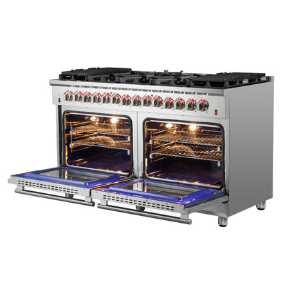 Massimo 60-inch Dual Fuel Range All Stainless Steel with 8 Sealed Burners 142,000BTU , Wok Support & Two Griddles, 8.64 cu.ft. True Convection Double Ovens with  Air Fryer